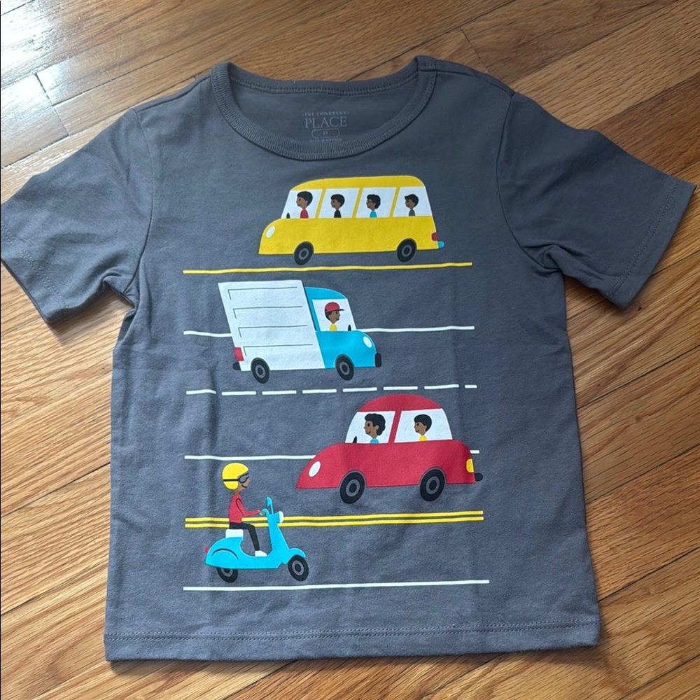 Gray Kids' T-Shirt with Colorful Vehicle Print